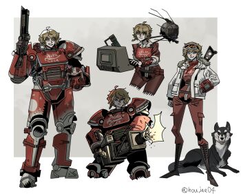 1girl armor blonde_hair bodysuit boots border breastplate computer dog dogmeat energy_gun eyebot fallout fallout_4 frown fur_trim gatling_gun goggles goggles_on_head green_eyes hand_in_pocket helmet highres ho-uja jacket laser_rifle minigun neckerchief open_clothes open_jacket pip_boy power_armor power_armor_(fallout) red_bodysuit smile sole_survivor_(female) typing vault_suit weapon white_border