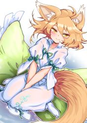Rule 34 | 1girl, absurdres, animal ears, brown eyes, brown hair, carbohydrate (asta4282), closed mouth, commentary request, fox ears, fox girl, fox tail, hair between eyes, highres, kudamaki tsukasa, looking at viewer, medium hair, short sleeves, smile, solo, tail, touhou, v arms