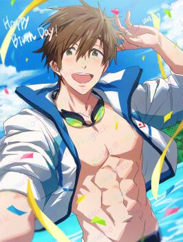 1boy abs arm_up bare_pectorals brown_hair cloud commentary_request confetti free! goggles goggles_around_neck green_eyes happy_birthday highres jacket kugucho male_focus multicolored_jacket navel open_clothes open_jacket open_mouth outdoors pectorals pool short_hair sky solo streamers swim_goggles tachibana_makoto teeth toned toned_male two-tone_jacket water watermark