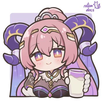 1girl artist_name blush chibi chibi_only closed_mouth commentary cup english_commentary fire_emblem fire_emblem_heroes goat_horns here_some_choccy_milk_(meme) high_ponytail holding holding_cup horns long_hair looking_at_viewer meme milk nerthuz_(fire_emblem) nintendo pink_hair ponytail purple_eyes rotomdocs smile solo upper_body very_long_hair