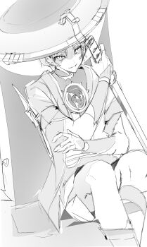 1boy absurdres armor bags_under_eyes blunt_ends bodysuit buri04660072364 evil_smile eyelashes furisode genshin_impact greyscale hand_up hat highres holding holding_sword holding_weapon japanese_armor japanese_clothes jewelry jingasa kimono kote layered_sleeves looking_at_viewer male_focus mandarin_collar mitsudomoe_(shape) monochrome neck_ring parted_lips scaramouche_(genshin_impact) shaded_face short_sleeves shorts single_sock sitting sketch smile socks solo sword tomoe_(symbol) tsurime veil weapon white_background