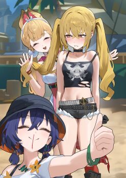 3girls alice_thymefield alice_thymefield_(sea_of_thyme) alternate_hairstyle angry animal_ears bangle behind_another belle_(summer_skies)_(zenless_zone_zero) belle_(zenless_zone_zero) belt black_belt black_choker black_hat black_shorts bleeding blonde_hair blood blood_on_face blue_hair blunt_bangs blush boots bra_strap bracelet braid breasts bright_pupils bucket_hat center-flap_bangs choker cleavage clenched_hand closed_eyes collarbone cowboy_shot crop_top crossed_bangs cutoffs dot_nose ear-to-ear earrings flower furrowed_brow gloves hair_between_eyes hair_lift hair_ornament hairband hairclip half_gloves hand_up hands_up happy hat highres holding_another's_hair hood_(james_x) jewelry knee_boots kneehighs leaning_to_the_side long_hair looking_to_the_side low_twintails luciana_de_montefio micro_shorts midriff mismatched_earrings multiple_girls navel nosebleed off-shoulder_shirt off_shoulder official_alternate_costume open_mouth outdoors outstretched_arm palm_tree parted_lips petite print_tank_top rabbit_ears rabbit_girl raised_eyebrows red_socks sand shirt shirt_flower short_hair short_twintails shorts sideways_glance small_breasts smile socks sphere_hair_ornament split_mouth square_neckline standing t-shirt tank_top tearing_up tears teeth thigh_gap thumbs_up torn_clothes torn_tank_top tree twintails unworn_belt upper_teeth_only white_choker white_pupils white_shirt yellow_flower zenless_zone_zero
