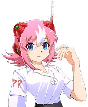 1girl absurdres breasts grey_hair highres jewelry large_breasts mega_man_(series) mega_man_x:_command_mission mega_man_x_(series) multicolored_hair nana_(mega_man_x:_command_mission) number_print number_pun pendant pink_hair print_shirt retro_fighting_robot shirt short_hair simple_background solo streaked_hair two-tone_hair white_background white_shirt