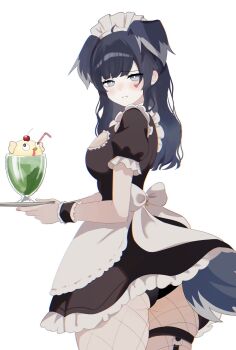 1girl animal_ears black_hair blue_archive blue_eyes commentary_request fishnets hibiki_(blue_archive) highres holding long_hair looking_at_viewer maid nuiaki simple_background skirt solo thigh_focus thighs white_background