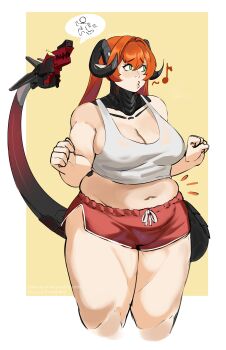 1girl absurdres belly breasts cleavage crop_top curled_horns detached_collar green_eyes gun gym_shorts highres horns large_breasts lips long_hair magus_(zenless_zone_zero) midriff muffin_top musical_note navel orange_hair orphie_magnusson patreon_username plump pointy_ears puzzled_artist_(name) puzzledartist red_shorts shirt short_shorts shorts sleeveless sleeveless_shirt solo standing tail tank_top thick_thighs thighs twintails weapon whistling white_shirt zenless_zone_zero