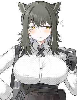 1girl absurdres animal_ears animal_hands arknights bags_under_eyes black_cross_tie blush breasts bright_pupils brown_hair collared_shirt commentary_request cross_tie hair_between_eyes highres large_breasts long_hair long_sleeves looking_at_viewer no_freckles polka_dot polka_dot_shirt ponytail raccoon_ears raccoon_girl robin_(arknights) shirt simple_background solo spam_(spamham4506) unmoving_pattern white_pupils white_shirt yellow_eyes