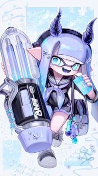 Rule 34 | 1girl, bag, bag charm, ballpoint splatling (splatoon), black bag, black hairband, black sailor collar, black shirt, black shoes, black shorts, blue eyes, blue hair, charm (object), colored tongue, dated commentary, dolphin shorts, drink carton, fake horns, fangs, full body, gradient hair, hair ornament, hairband, highres, holding, holding milk carton, holding weapon, horn hairband, horns, inkling, inkling girl, inkling player character, jewel under eye, long hair, long sleeves, milk carton, montaro 810, multicolored hair, neckerchief, nintendo, open mouth, pointy ears, purple hair, purple neckerchief, purple tongue, sailor collar, sailor shirt, shirt, shoes, shorts, shoulder bag, smile, sneakers, solo, splatoon (series), standing, star (symbol), star hair ornament, tentacle hair, weapon
