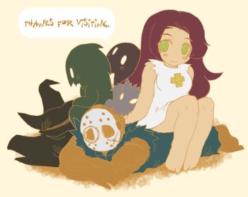 Rule 34 | 1boy, 1girl, bald, blush, brown hair, cross, dark-skinned male, dark skin, green eyes, jennifer willis, long hair, looking at viewer, lying, mask, namco, on floor, on stomach, rick taylor, simple background, sitting, sitting on person, splatterhouse, torn clothes