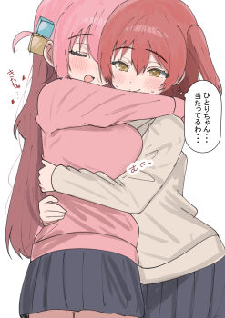 2girls absurdres black_skirt blush bocchi_the_rock! breast_press breasts brown_shirt closed_eyes commentary_request cube_hair_ornament gotoh_hitori hair_ornament highres hug jacket kita_ikuyo large_breasts long_hair multiple_girls one_side_up open_mouth pink_hair pink_jacket pleated_skirt red_hair school_uniform shirt shuka_high_school_uniform simple_background skirt smile speech_bubble sunya_(honorin-yuunibo) sweat thought_bubble translation_request white_background yellow_eyes yuri