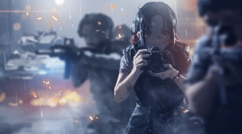 1girl 2boys aiming battle black_hair blurry blurry_background blurry_foreground camera chigalidepoi chinese_commentary closed_mouth commentary_request depth_of_field determined dirty dirty_arm dirty_face dslr embers frown gun holding holding_camera holding_gun holding_weapon kaguya-sama_wa_kokurasetai_~tensai-tachi_no_renai_zunousen~ military multiple_boys nikon_(company) parted_bangs photographer rain red_eyes serious shinomiya_kaguya solo_focus upper_body v-shaped_eyebrows war watch weapon wristwatch