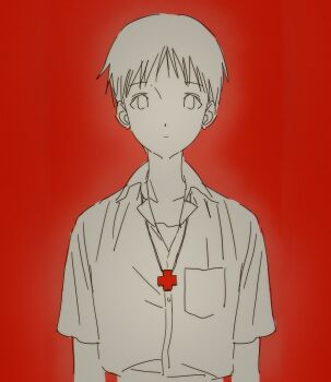 1boy absurdres bsgkstnals03 closed_mouth cross cross_necklace expressionless highres ikari_shinji jewelry necklace neon_genesis_evangelion school_uniform shirt solo tokyo-3_middle_school_uniform white_shirt