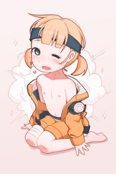 1girl arm_support artist_name bandaged_leg bandages blonde_hair blue_headband blush collarbone female_focus flat_chest forehead_protector full_body headband highres jacket long_sleeves looking_at_viewer monchichiwa naruto_(classic) naruto_(series) navel nipples off_shoulder one_eye_closed open_clothes open_jacket open_mouth orange_jacket orange_shorts original seiza short_hair short_twintails shorts signature sitting sleeves_past_wrists smile solo twintails uzumaki_naruto_(cosplay)