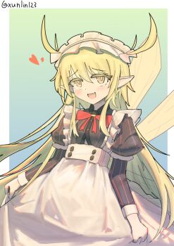 1girl apron black_dress black_souls bow commentary_request cowboy_shot dress fairy_wings green_eyes green_hair green_wings heart highres juliet_sleeves leaf_(black_souls) long_hair long_sleeves maid_apron maid_headdress open_mouth pointy_ears puffy_sleeves red_bow sidelocks smile solo very_long_hair white_apron wings xun_lin_(pixiv_93392103)