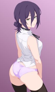 1girl ass black_choker black_thighhighs breasts chainsaw_man choker commentary cowboy_shot green_eyes hair_bun highres looking_at_viewer medium_breasts panties purple_background purple_hair purple_panties reze_(chainsaw_man) senor_h shirt sleeveless sleeveless_shirt solo thighhighs underwear white_shirt