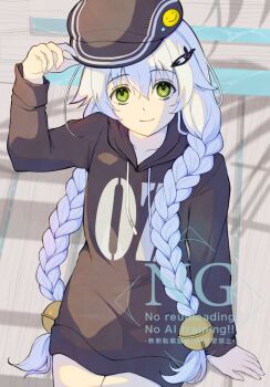 1girl altina_orion aono_(aonocrotowa) badge bell braid button_badge closed_mouth commentary_request double-parted_bangs eiyuu_densetsu english_text flat_cap green_eyes hair_between_eyes hat highres jingle_bell long_hair long_sleeves looking_at_viewer sen_no_kiseki_(series) smile smiley_face solo twin_braids upper_body watermark white_hair