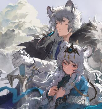 1boy 1girl absurdres animal_ear_fluff animal_ears arknights braid gloves highres jewelry leopard_ears long_hair long_sleeves non-web_source pramanix_(arknights) silverash_(arknights) tail tiara twin_braids