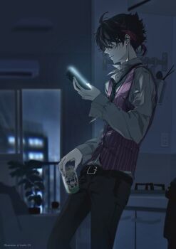 Rule 34 | 1boy, ahoge, air conditioner, alternate costume, beer can, black hair, black pants, blurry, blurry background, can, cellphone, cityscape, closed mouth, cowboy shot, drink can, from side, glass door, grey shirt, hair between eyes, hashtag-only commentary, highres, holding, holding can, holding phone, hoshi 129, indoors, long sleeves, looking at phone, male focus, multicolored hair, necktie, nijisanji, pants, phone, ponytail, saegusa akina, shirt, short ponytail, solo, streaked hair, striped clothes, striped vest, vertical-striped clothes, vertical-striped vest, vest, virtual youtuber, waistcoat