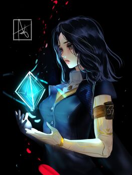 1girl absurdres arialla_draws armband asian black_background black_eyes black_eyeshadow black_hair black_jacket clair_obscur:_expedition_33 commentary english_commentary eyeshadow facial_tattoo highres jacket lips long_hair lune_(clair_obscur:_expedition_33) makeup parted_lips pink_lips simple_background solo tattoo