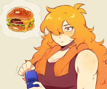 1girl blush bottle breasts brown_tank_top burger cleavage commentary english_commentary firemauer food freckles hair_over_one_eye large_breasts long_hair nerd_and_jock orange_eyes orange_hair solo speech_bubble sweat tank_top thought_bubble tiger_(nerd_and_jock) toned toned_female towel towel_around_neck water_bottle