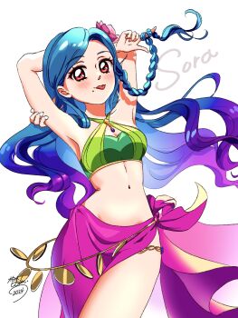 1girl 2024 absurdres aikatsu! aikatsu!_(series) arms_behind_back bikini blue_hair braid breasts character_name cleavage cleavage_cutout clothing_cutout commentary flower gradient_hair green_bikini hair_flower hair_ornament highres kashiwagi_hirono kazesawa_sora long_hair medium_breasts mole mole_under_mouth multicolored_hair navel purple_hair red_eyes side_braid signature solo swimsuit symbol-only_commentary tongue tongue_out very_long_hair