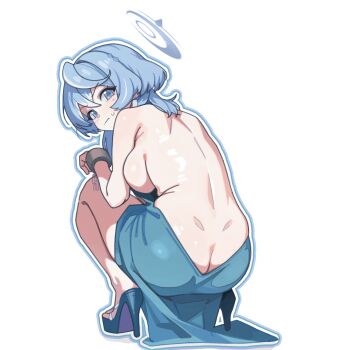 1girl ako_(blue_archive) ako_(dress)_(blue_archive) backboob blue_archive blue_dress blue_eyes blue_hair blue_halo breasts butt_crack commentary_request dress evening_gown from_behind halo high_heels highres korean_commentary large_breasts looking_at_viewer medium_hair rehu_(astd5787) simple_background solo white_background