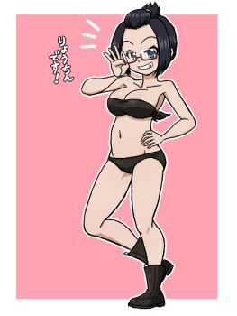 1girl bikini black_bikini black_hair blue_eyes blush breasts cleavage collarbone commentary_request full_body girls_und_panzer glasses grin hand_on_own_hip large_breasts looking_at_viewer navel oryou_(girls_und_panzer) pink_background simple_background smile solo swimsuit takahashi_kurage