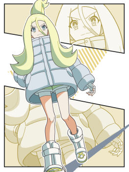 1girl bike_shorts blonde_hair blue_eyes boots bright_pupils closed_mouth commentary_request eyelashes grey_eyes hair_between_eyes hand_in_pocket hand_wraps highres kanbei_(pixiv11037490) knees korrina_(pokemon) long_hair long_sidelocks long_sleeves nintendo pokemon pokemon_legends:_z-a sidelocks smile solo white_boots