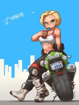 1girl biker_clothes blonde_hair blush bodysuit boots breasts brotherhood_of_nod command_&amp;_conquer drink drinking drinking_straw female_focus green_eyes hot large_breasts midriff motor_vehicle motorcycle navel nestkeeper off_shoulder original short_hair solo sports_bra sweat unzipped vehicle