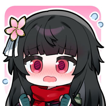Rule 34 | 1girl, artist request, black hair, blush, chibi, chibi only, flying sweatdrops, girls' frontline, girls' frontline 2: exilium, gloves, hair ornament, lowres, official art, open mouth, red eyes, red scarf, sakura (girls' frontline 2), scarf, second-party source, solo, type 100 (girls' frontline), upper body, wavy mouth