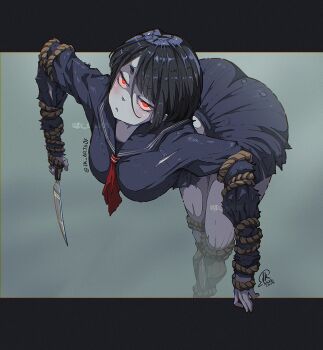 1girl black_hair black_serafuku breasts colored_skin grey_skin holding holding_knife jk_arts knife large_breasts letterboxed neckerchief pleated_skirt red_eyes red_neckerchief rope sailor_collar scarecrow school_uniform serafuku short_hair silent_hill_(series) silent_hill_f skirt solo torn_clothes torn_skirt zombie