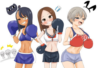 Rule 34 | 3boys, 3girls, black hair, blue eyes, blue shorts, blush, boxing gloves, boxing shorts, breasts, brown eyes, brown hair, cat, cleavage, fang, gelato (artist), grey hair, grin, hachiouji naoto, hair ornament, hand on own hip, head tilt, highres, ijiranaide nagatoro-san, karakai jouzu no takagi-san, large breasts, medium breasts, midriff, multiple boys, multiple girls, nagatoro hayase, navel, nishikata, open mouth, rabbit ears, sakurai shin'ichi, shorts, small breasts, smile, sports bra, takagi-san, tan, uzaki-chan wa asobitai!, uzaki hana, white background, yellow eyes