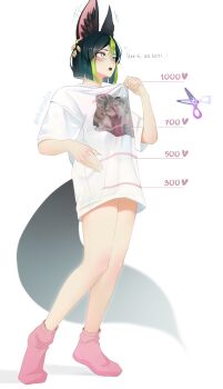 1boy absurdres animal_ear_fluff animal_ears animal_print black_hair blush bottomless cat_print commentary english_commentary english_text fox_boy fox_ears full_body genshin_impact green_eyes green_hair hair_between_eyes highres i_cho_(okdrsutsu) male_focus multicolored_hair open_mouth pink_socks shirt short_hair socks solo standing streaked_hair tail thighs tighnari_(genshin_impact) twitter_strip_game twitter_username white_shirt