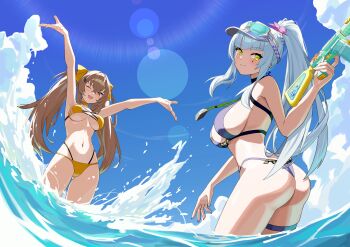 Rule 34 | 2girls, ;d, absurdres, arms up, ass, bikini, black bikini, blue bikini, blue hair, blush, breasts, brown hair, commentary request, cross-laced bikini, cross-laced clothes, diving mask, diving mask on head, facepaint, flower, from below, from side, girls' frontline, girls' frontline 2: exilium, goggles, goggles on head, green eyes, hair flower, hair ornament, hair ribbon, hairclip, hand up, highres, hk416 (girls' frontline), holding, holding water gun, klukai (cerulean breaker) (girls' frontline 2), klukai (girls' frontline 2), lenna (girls' frontline 2), long hair, looking at viewer, looking back, looking down, medium breasts, multi-strapped bikini bottom, multiple girls, ocean, one eye closed, open mouth, outdoors, outstretched arms, pink eyes, ponytail, ribbon, sideboob, smile, suzu saki, swimsuit, teardrop, thighs, twintails, ump9 (girls' frontline), underboob, very long hair, visor cap, wading, water gun, wet, yellow bikini, yellow ribbon