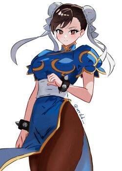 1girl blue_dress bracelet brown_hair brown_pantyhose capcom china_dress chinese_clothes chun-li closed_mouth cowboy_shot double_bun dress eyelashes hair_bun highres ierdid jewelry looking_at_viewer pantyhose puffy_short_sleeves puffy_sleeves red_eyes short_sleeves smile solo spiked_bracelet spikes street_fighter twitter_username white_background