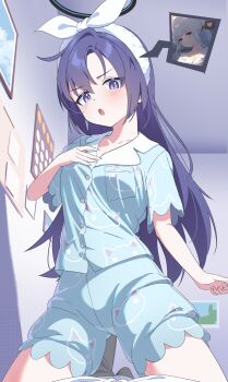 1boy 1girl absurdres blue_archive blue_eyes blue_pajamas blush breasts commentary_request dunggeul_dunggeul hairband halo heart hetero highres indoors kneeling korean_commentary long_hair looking_at_viewer multiple_girls noa_(blue_archive) noa_(pajamas)_(blue_archive) pajamas pov purple_hair sensei_(blue_archive) spoken_heart straddling very_long_hair white_hairband yuuka_(blue_archive) yuuka_(pajamas)_(blue_archive)