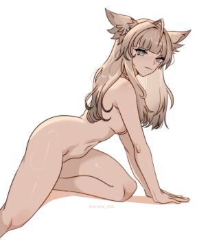 1girl absurdres ahoge animal_ears arknights arknights:_endfield bird_ears bird_girl blue_eyes breasts commentary completely_nude diamond-shaped_pupils diamond_(shape) grey_hair hashtag-only_commentary highres long_hair looking_at_viewer medium_breasts navel nude parted_lips perlica_(arknights) simple_background solo symbol-shaped_pupils unreal_fish white_background yellow_pupils