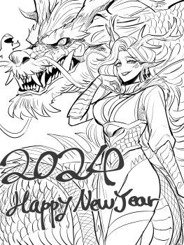1girl 2024 artist_self-insert breasts chinese_zodiac cleavage dragon dragon_girl dragon_horns dragon_tail earrings eastern_dragon facial_mark fangs gegegekman happy_new_year highres horns jewelry large_breasts long_hair looking_at_viewer monochrome new_year open_mouth original pelvic_curtain pointy_ears scales slit_pupils smile tail thumbs_up white_background year_of_the_dragon