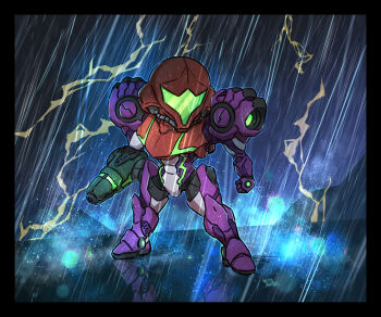 Rule 34 | 1girl, arm cannon, armor, artist name, assault visor, chibi, commentary request, full armor, gravity suit (metroid), green visor, lightning, metroid, metroid dread, nintendo, power armor, power suit (metroid), purple armor, samus aran, science fiction, signature, solo, wakaba (wata ridley), weapon