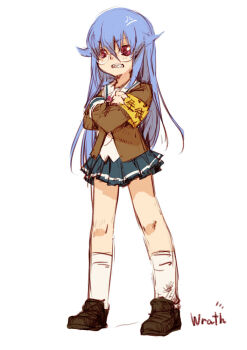 1girl angry armband bad_id bad_pixiv_id blue_hair branch_(blackrabbits) female_focus glasses long_hair personification red_eyes school_uniform serafuku seven_deadly_sins skirt solo wrath_(deadly_sins)