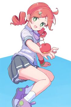 1girl absurdres andou_ringo ankle_socks apple ascot balancing buttons character_hair_ornament collar collared_shirt commentary_request drill_hair food frilled_skirt frills fruit green_eyes hair_ornament highres jazz_grace looking_at_viewer lying medium_hair name_connection object_namesake on_side pleated_skirt purple_ascot purple_shoes puyo_(puyopuyo) puyopuyo puyopuyo_7 red_hair school_uniform shirt shoes skirt sleeves_rolled_up socks solo twin_drills two-tone_background white_shirt wristband