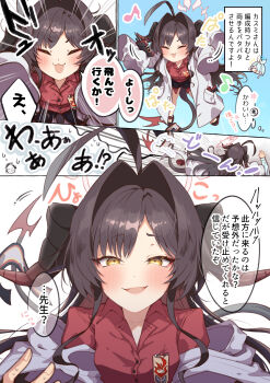 2girls absurdres ahoge arona_(blue_archive) black_hair black_horns black_shirt black_shorts blue_archive blue_hair blue_halo blush breasts buttons chabo_24 chibi chibi_inset closed_eyes coat collared_shirt colored_inner_hair demon_horns eighth_note fang hair_intakes halo heart highres horns kasumi_(blue_archive) lab_coat long_hair long_sleeves multicolored_hair multiple_girls musical_note open_mouth pink_hair red_halo shirt shirt_tucked_in short_hair shorts sleeves_past_fingers sleeves_past_wrists small_breasts smile speech_bubble thought_bubble translation_request white_coat yellow_eyes