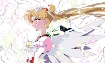 1girl bad_id bad_twitter_id bishoujo_senshi_sailor_moon blonde_hair choker closed_mouth crescent crescent_earrings earrings falling_petals floating_hair hair_bun highres jewelry looking_ahead magical_girl parted_bangs petals pochi_(askas_is_god) red_choker sailor_moon sailor_senshi_uniform solo sparkle tsukino_usagi twintails upper_body white_wings wings