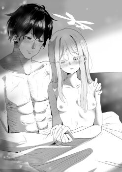 Rule 34 | 1boy, 1girl, abs, absurdres, bed, blue archive, blush, breasts, commentary request, completely nude, couple, greyscale, hand on another's hand, hand on another's shoulder, hetero, highres, implied after sex, jewelry, long hair, monochrome, muscular, muscular male, nagusa (blue archive), nipples, nude, on bed, pectorals, ring, scar, scar on stomach, sensei (blue archive), short hair, small breasts, snowflake halo, so-ko, under covers, wedding ring