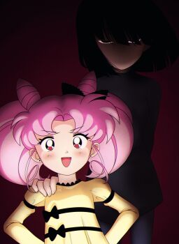 2girls bishoujo_senshi_sailor_moon black_dress black_eyes black_hair black_pantyhose blunt_ends chibi_usa child cone_hair_bun double_bun dress hair_bun highres kibblebeans looking_at_viewer multiple_girls pantyhose pink_hair red_eyes shaded_face tomoe_hotaru twintails yellow_dress