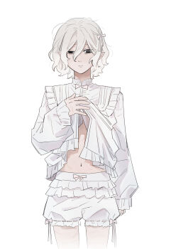 Rule 34 | 1boy, androgynous, black eyes, dungeon meshi, hair between eyes, highres, male focus, messy hair, mithrun, navel, scar, shirt, short hair, shorts, simple background, solo, standing, wavy hair, white background, white hair, white shirt, white shorts, zo na