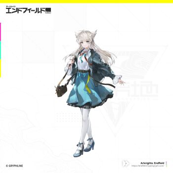 Rule 34 | 1girl, alternate costume, animal ears, arknights, arknights: endfield, bag, bird ears, bird girl, black coat, blue eyes, blue skirt, coat, copyright logo, copyright notice, full body, grey hair, handbag, high heels, highres, logo, long hair, looking at viewer, mokuroh, official art, open clothes, open coat, pantyhose, perlica (arknights), skirt, solo, standing, white pantyhose