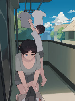 1boy 1girl absurdres age_difference akiyama_yuko_(pepper0) balcony black_hair blue_eyes blue_sky breasts cloud commentary day highres large_breasts mother_and_child mother_and_son original outdoors parent_and_child pepper0 short_hair sky untranslatable_commentary