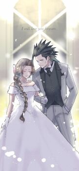 1boy 1girl aerith_gainsborough bare_shoulders black_hair black_necktie black_vest blue_eyes braid braided_ponytail breasts brown_hair church closed_eyes closed_mouth commentary_request couple crisis_core_final_fantasy_vii cross_scar dress english_text facial_scar feet_out_of_frame final_fantasy final_fantasy_vii gloves grey_jacket grey_pants hair_slicked_back height_difference hetero highres holding_hands interlocked_fingers jacket jewelry light_particles long_hair looking_at_another necklace necktie off-shoulder_dress off_shoulder pants parted_bangs pearl_necklace scar scar_on_cheek scar_on_face shirt sin_3794 smile spiked_hair standing suit_jacket vest wedding wedding_dress wedding_suit white_dress white_gloves white_shirt zack_fair