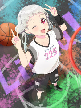 1girl ;d absurdres arashi_chisato ball basketball_(object) basketball_court black_shoes black_shorts character_name commentary double_v full_body grey_hair highres liella!_solo_outfit_design_vote litecolors_radi looking_at_viewer love_live! love_live!_superstar!! one_eye_closed open_mouth pink_eyes rhythm_(love_live!) shirt shoes short_sleeves shorts smile sneakers solo v white_shirt