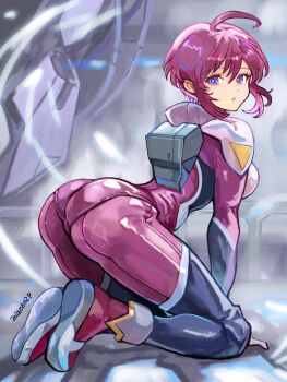 1girl absurdres ahoge all_fours ass black_thighhighs breasts commentary dated double-parted_bangs from_behind full_body gloves gundam gundam_seed gundam_seed_destiny highres large_breasts looking_at_viewer looking_back lunamaria_hawke making-of mecha_pilot_suit military military_uniform mobile_suit normal_suit_(gundam) okrdisk2000 pantylines pink_hair procreate_(medium) purple_eyes short_hair sidelocks signature skin_tight solo steam thighhighs trefoil turtleneck white_gloves zaft_uniform